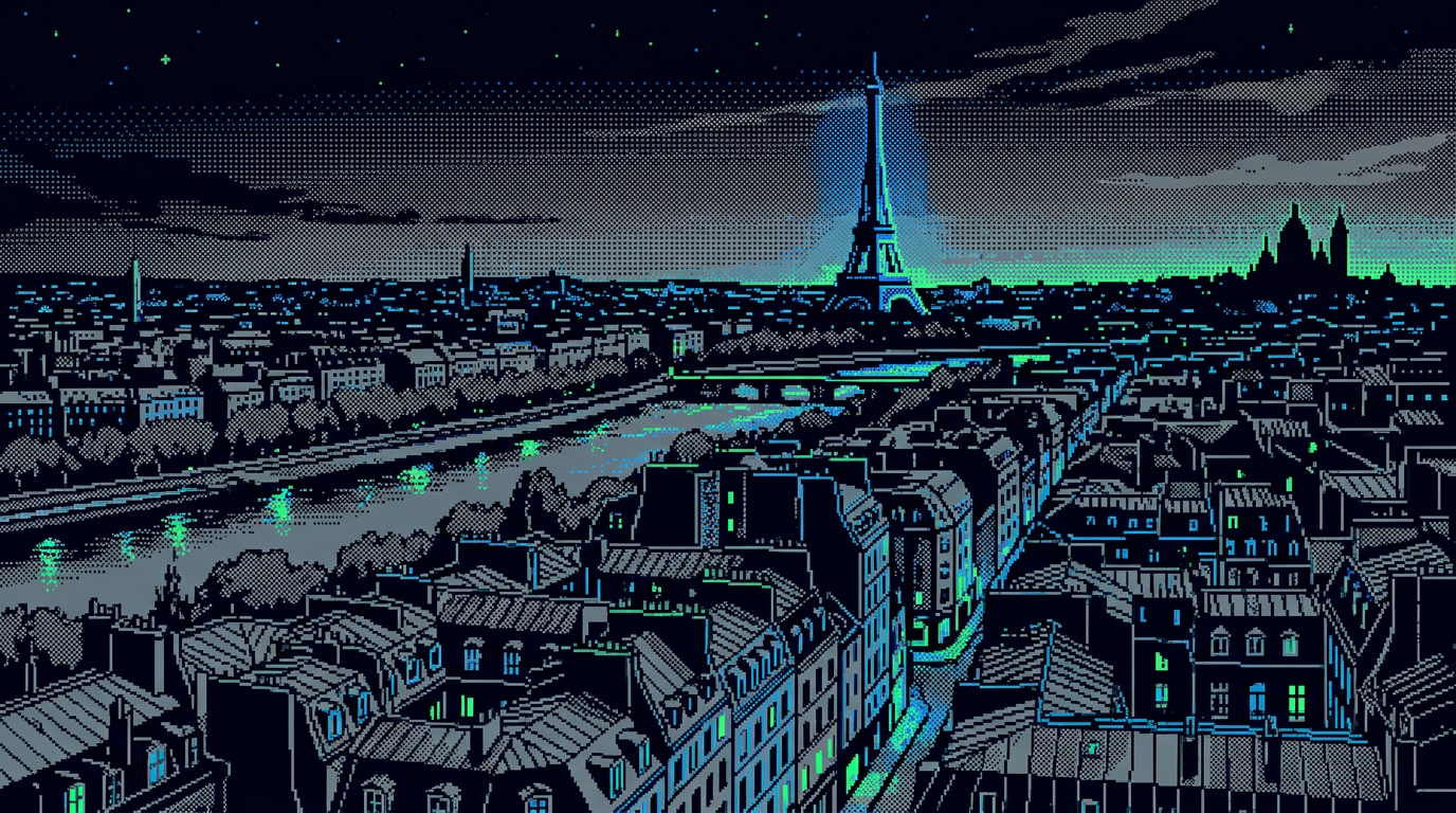 Pixel-art night view over Paris rooftops and the Seine, an illustration